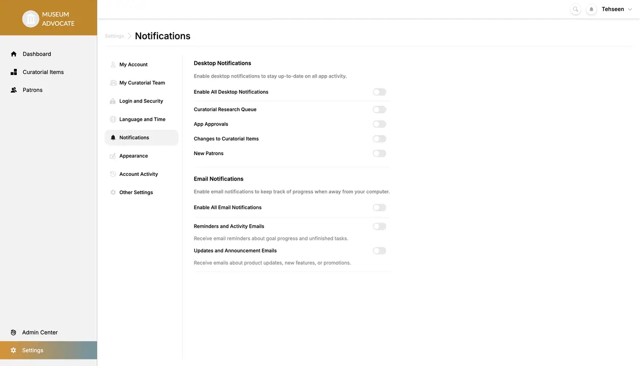 Museum Advocate dashboard overview screenshot