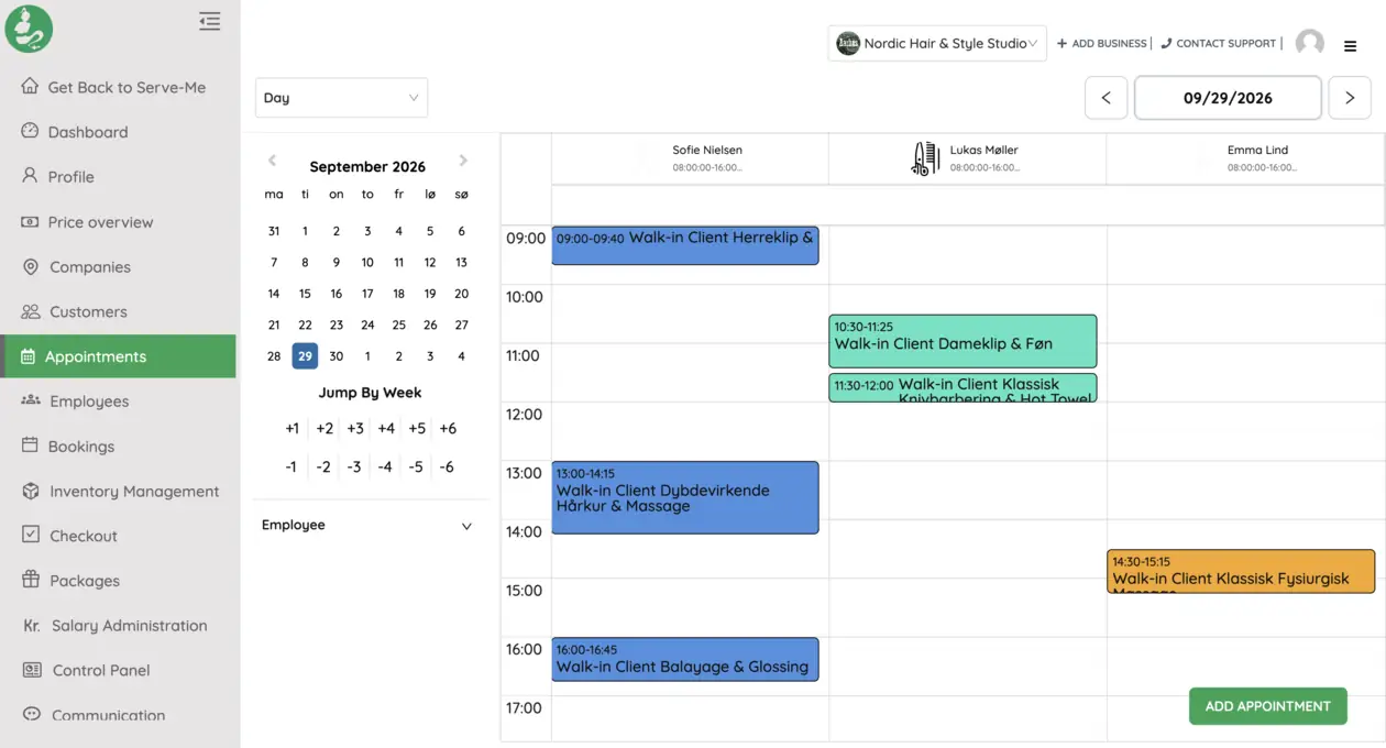 Serve Me appointment calendar screenshot